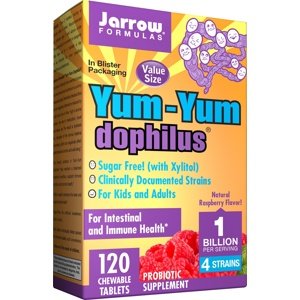 Jarrow Formulas Jarrow Yum-Yum Dophilus (probiotika pro děti), 1 milarda organismů, 4 probiotické kmeny, Malina, 120 žvýkacích pastilek